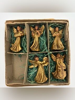 Vtg Christmas Miniature Plastic Musical Gold Angel Ornaments Lot 5 pcs Italy